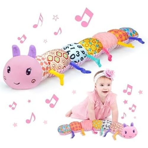 Baby Infant Musical Toy Soft Stuffed Animal Toy with Multi Textures,Rattle,Crinkle,Newborn Baby Toy for 0 3 6 9 12 Months Girls Boy Gift,Caterpillar，Pink
