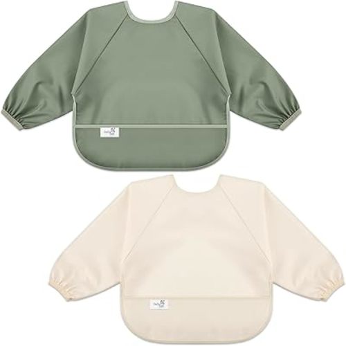 Long Sleeve Baby Bib, Waterproof Fabric, Catch-All Pocket, Baby Smock Bib, Adjustable Sleeves