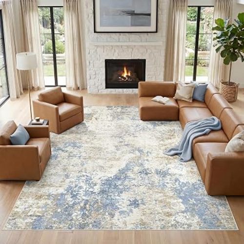 Nakagishi 10X14 Area Rugs for Living Room: Washable Modern Abstract Rug with Non-Slip Silicone Backing Low Pile Soft Carpet for Bedroom&Dining Decor Ideal for Families with Kids and Pets-Blue Brown