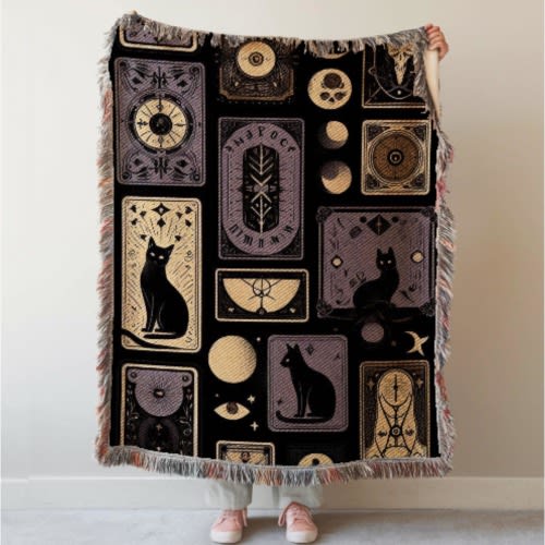 Gothic Tapestry, Black Cat Tarot Woven Blanket: Dark Academia Decor Cotton Witchy Throw
