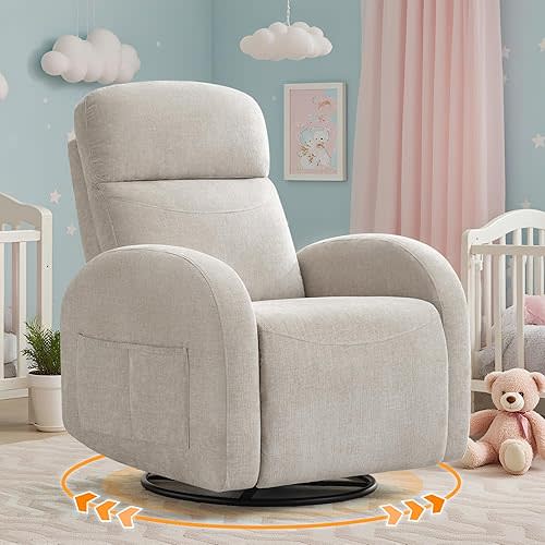 360° Swivel Nursery Recliner,Chenille Nursery Glider Recliner with Double Pockets,Manual Oversized Recliners with Comfort seat for Living Room,Camel