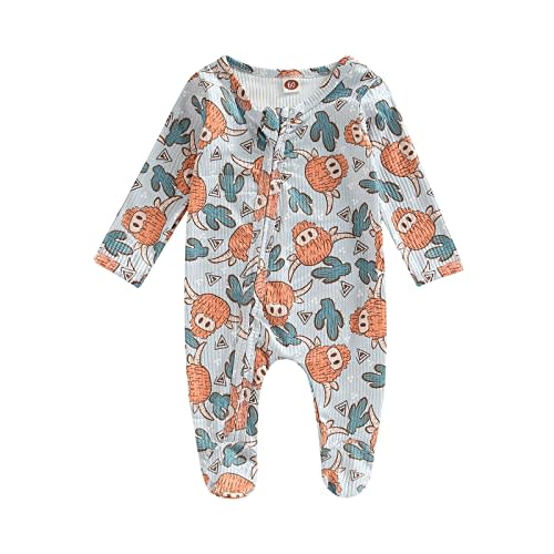 Amiblvowa Newborn Baby Boy Girl One Piece Footies Ribbed Zipper Romper Jumpsuit Long Sleeve Cow Print Outfit Western Clothes (Light Gray Bull, 0-3 Months)