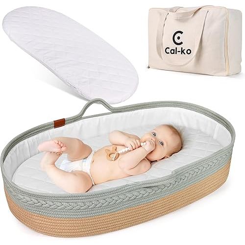 Moses Basket for Newborns – Baby Changing Basket with Waterproof Pad – Reinforced Mesh Sides – Includes Travel Case – Portable Diaper Basket for Dresser Top or Nursery Use (Cotton, Teal)