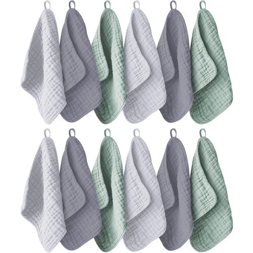 12 Pack Muslin Washcloths for Baby - 100% Cotton Baby Wash Cloths for or Baby Face Body Comfy and Soft for Newborn Infants Kids Girls and Boys - 12"x12" - Grey, Green and Slate