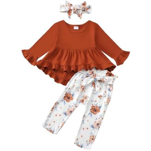 Kucnuzki Baby Girl Clothes Toddler Girl Outfit Ruffle Sleeve Shirt Floral Pant Set Fall Winter Clothing for Girl