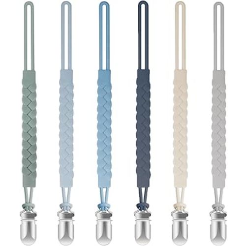 TenderBabe Silicone Pacifier Clip for Baby Boys and Girls, Pack of 6 Soft Flexible Paci Binky Clips with One-Piece Braided-Style Design,BPA-Free Newborn Essentials