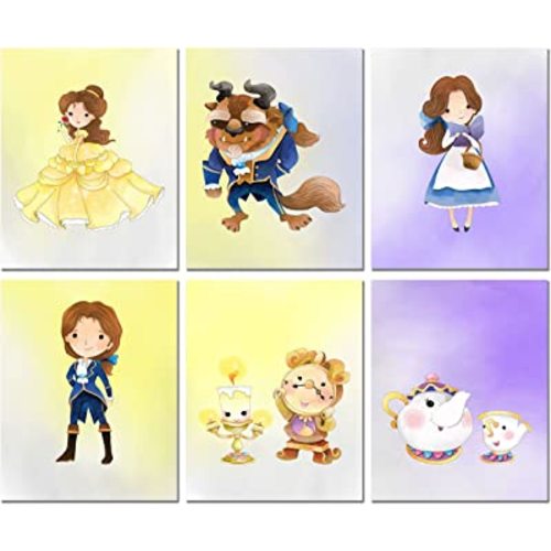 Beauty and The Beast Prints - Set of 6 (8 inches by 10 inches) Original Watercolor Kids Bedroom Nursery Wall Art Decor 8x10 Photos Belle Prince Beast Cogsworth Lumiere Mrs Potts Chip