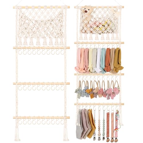 POVETIRE Headband Holder Hair Bow Organizer for Girls, Macrame Bow Holder Hair Accessories Organizer Storage Large Capacity Wall Hanging for Toddler Girl Nursery Room Decor