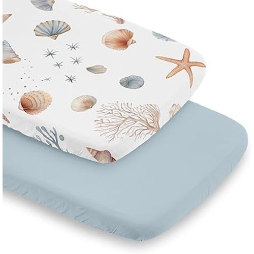 Sweet Jojo Designs 2-Piece Baby Bassinet Sheets Set (Ocean Seashells) for Girls or Boys, Infant Newborn Nursery, Oval, Rectangle & Hourglass Mattress (Gender Neutral, Nautical, Beach Theme, Starfish)