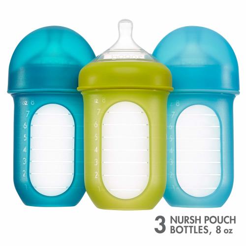 Boon, NURSH Reusable Silicone Pouch Bottle, Air-Free Feeding, 8 Ounce with Stage 2 Medium Flow Nipple (Pack of 3)
