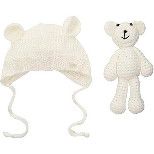 Newborn Baby Photo Shoot Props Boys Girls Crochet Knitted Hat Bear Hat Beanie with Bear Dolls Photography Props