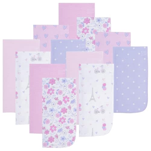 EVERYDAY KIDS 12 Pack Burp Cloths for Baby Girl - Paris, Flowers and Hearts