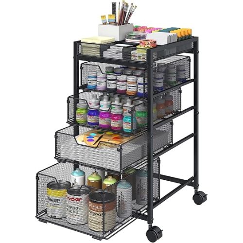 Rolling Utility Cart with 4 Drawers, Craft Organizer and Storage Carts with DIY Divider, Lockable Wheels Storage Organizer for Art Supplies, Store for Brushes & Paints & Small Parts(Patent Pending)