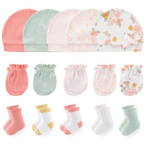 MAMIMAKA Newborn Baby Boy Girl Caps Mittens Socks Set Cotton Baby Essentials Accessories (Hats+Gloves+Socks)