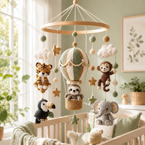 Safari Hot Air Balloon Baby Mobile, Crochet Jungle Animal Crib Mobile, Tiger Sloth Monkey Elephant Nursery Decor, Baby Shower Gift