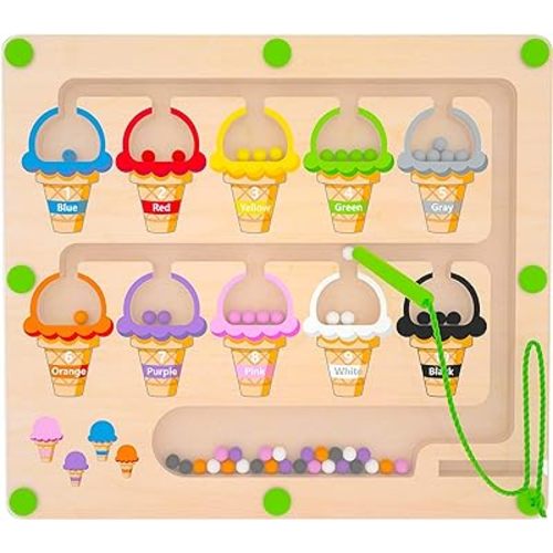 Magnetic Color & Number Maze - Montessori Wooden Color Matching Learning Counting Puzzle Board - Toddler Fine Motor Skills Toys for Boys Girls 3 4 5 Years Old - Ice Cream