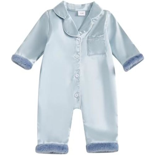 Multitrust Newborn Baby Girl Boy Silk Pajamas Long Sleeve Button Down Satin Infant Pjs One Piece Jumpsuit Loungewear