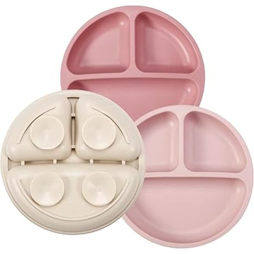 PandaEar 3 Pack Toddler Plates, Silicone Divided Suction Plate for Babies, BPA-Free 100% Food-Grade Silicone Unbreakable Baby Plate (Pink/Linen/Light Pink)