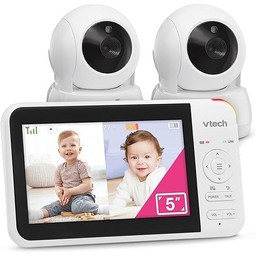 VTech VM924-2 Remote Pan-Tilt-Zoom Baby Monitor with 2 Cameras & Audio,5" LCD Screen,Up to 17Hrs Video Streaming&31Hrs Battery for Audio,Night Vision,1000ft Range,Soothing Sounds,Temperature Sensor