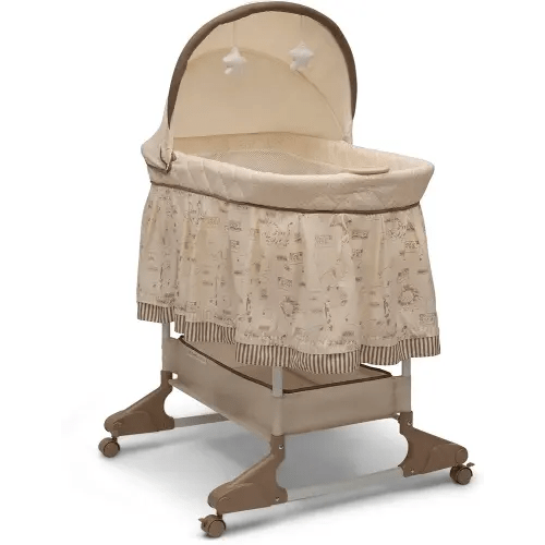 Delta Children Portable Rocking Bassinet for Newborns Bedside Sleeper Crib with Gentle Vibrations, Nightlight, Soothing Music, Adjustable Canopy, Plush Toys, Storage Basket, Baby Essentials