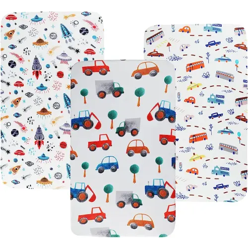 Pack n Play Sheet Stretchy Fitted Portable Mini Crib Sheets Set 3 Pack,Playard Sheets Convertible Playard Mattress Cover,Ultra Soft Jersey Material,Rocket Satellite,Car & Bus