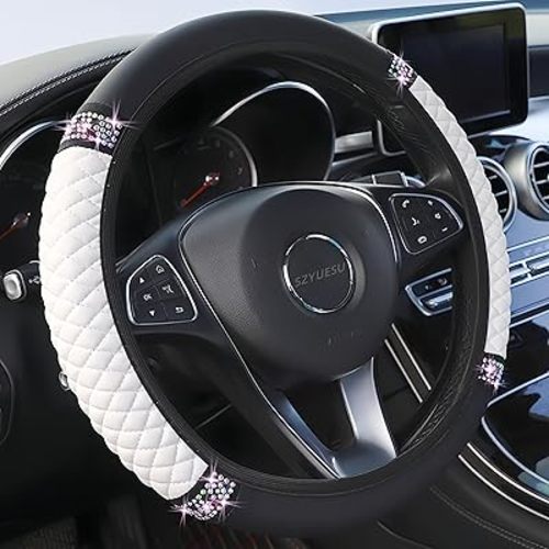 Bling Soft Leather Steering Wheel Cover 15 Inch with Sparkly Diamond Rhinestones for Women and Girls – Elastic Car Accessory for Most Cars (White)