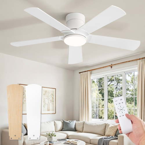 Zardon Ceiling Fans with Lights and Remote, 42in Low Profile Flush Mount Ceiling Fan with 6 Reversible Speeds for Bedroom Indoor, White