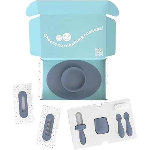 ezpz Kit 2: Learn to Eat and Drink (Indigo) - Tools to Help Your Baby Practice Chewing, Sipping, and Self-Feeding - Start Solids + Baby-Led Weaning Safely - Shower Essentials & Gifts