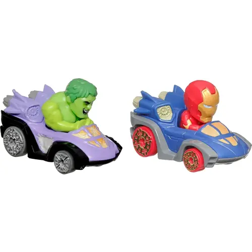 Hot Wheels RacerVerse Toy Cars 2-Pack Set of 2 Die-Cast Vehicles with Non-Removable Drivers of Their Own Cars: Hulk & Iron Man, Optimized for Track