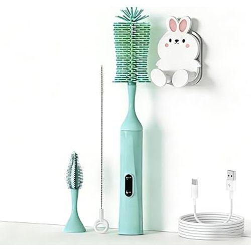 Rechargeable Electric Bottle Brush with 2 Speeds Powerful Automatic Bottle Cleaner,BPA-Free Silicone Spinning Design, Wall Mount & Straw Cleaner,Suitable for Baby Bottles & Kitchen (Alan+Alan)