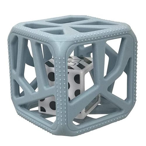 Malarkey Kids Chew Cube Baby Chew Toy, Baby Toy Rattle Teether, New-Born Toy - Heals Aching Gums, Four-Way Sensory Stimulation, Easy Grip, BPA Free Food Grade Silicone Material (Steel Blue)