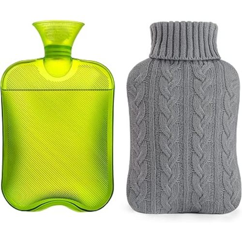 Water Bottle & Knitted Cover, 2L Hot Water Bag for Hot/Cold Compress, Hand Feet Warmer, Ideal for Menstrual Cramps, Neck and Shoulder Pain Relief,Grey