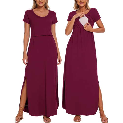 Women's Split Maternity Long Dresses Nursing Dresses for Breastfeeding