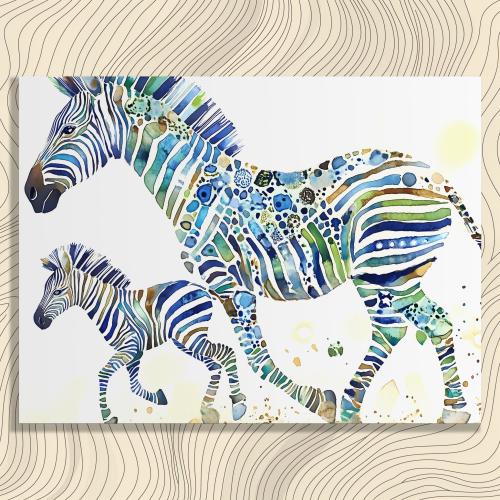 Zebra mother and foal canvas wall art - watercolor safari nursery decor blue green wildlife painting running zebras modern animal print gift