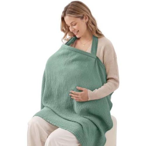 Blissful Diary Muslin Nursing Cover for Breastfeeding, Breathable Breastfeeding Cover up with Arch Neckline for Women, Nursing Apron (Roman Green)