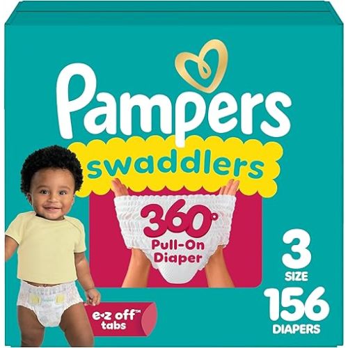 Pampers Diapers - Swaddlers 360° - Size 3, 156 Count, up to 100% Leakproof Comfy Dry Fit, Designed for Easy Changes, Pull On Baby Diaper (Packaging May Vary)