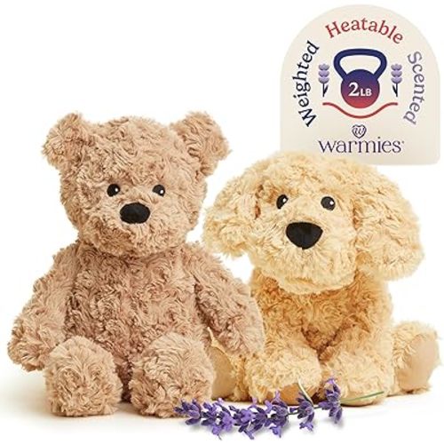 Warmies Microwavable & Weighted Stuffed Animals - Brown Curly Bear & Golden Dog Bundle