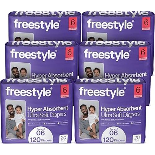 Freestyle BambooTek Diapers – (Size 6) Hyper Absorbent & Non-Toxic – Disposable Diapers for Sensitive Skin – Ultra Soft Diapers (35+ lbs) – 120 Count
