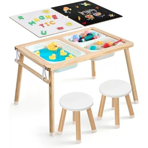 VEVOR Sensory Table for Toddlers, Wooden Kids Activity Table with 2 Stools, Double-Sided Board, Storage Bins, and Non-Slip Feet, for Boys and Girls Playing Sand and Water, Drawing, Studying, Dining
