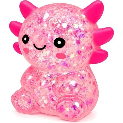Cute Axolotl Squishy Stress Ball, Glitter Sensory Fidget for Kids & Adults, Soft Stretchy Squeeze Party Favor, Birthday Ages 3+(Pink)