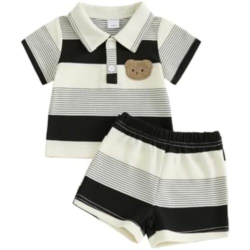 Baby Boy Summer Outfits Clothes Bear Embroidery Striped Lapel T-Shirt Top Elastic Shorts Toddler Clothing Set