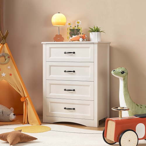 Noelse, Dresser for Bedroom, 4-Drawer, White Wooden Storage