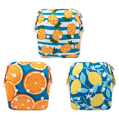 Babygoal Baby Swim Diapers 3 Pack for 0-8 Months Infant Girls and Boys, Reusable Adjustable Washable for Swimming Lessons-Pineapple,Lemon,Grapefruit