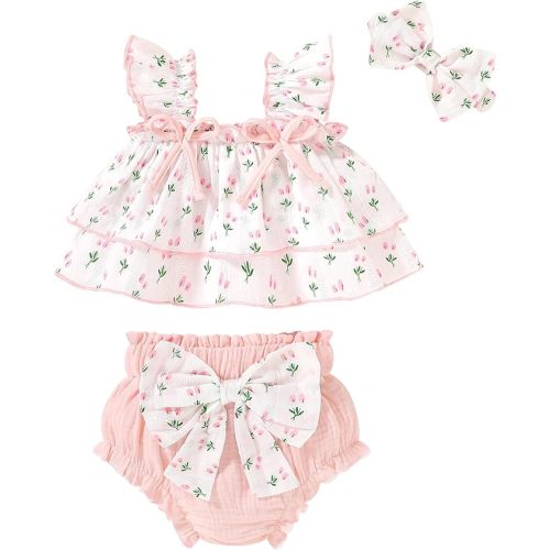 YOUNGER TREE Baby Girl Clothes Infant Ruffle Tops Dress Shorts Set Bloomers Toddler Sleeveless Summer Outfits with Headband
