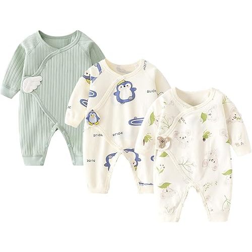Newborn Baby Romper - Unisex Cotton Bodysuit for Infant Baby Boys Girls 3 Pack Long Sleeve Button Solid Jumpsuits