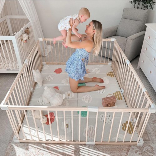 HARPPA Wooden Baby Gate Playpen | Non-Toxic Foldable DIY Adjustable Play Yard for Infants & Toddlers – Natural Finish Baby Fence for Small & Large Spaces