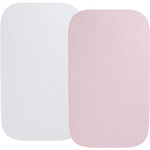 Muslin Bassinet Sheet Compatible with Baby Delight Beside Me Dreamer Bassinet, 2 Pack Cotton Stylish Boho Fitted Bassinet Sheets Super Soft for Baby White & Pink