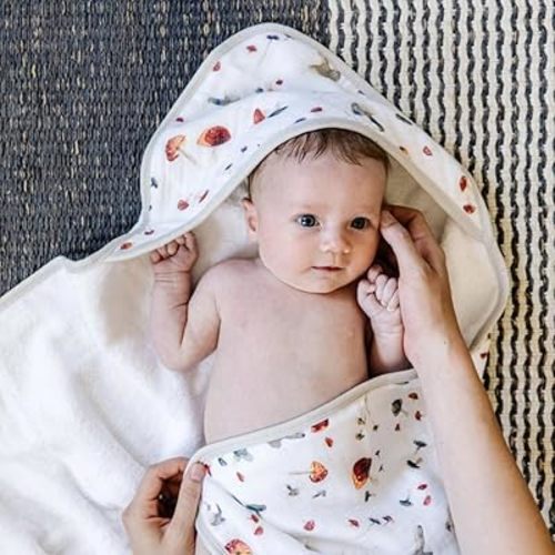 Little Unicorn Premium Infant Hooded Bath Towel| Soft & Absorbent Cotton & Terry Fabric for Newborns (Mushrooms)