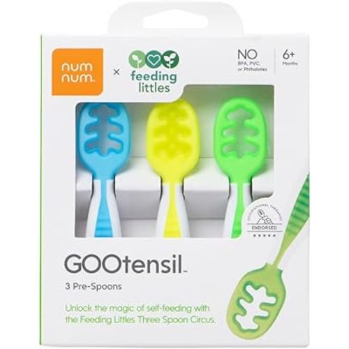 NumNum Baby Spoons Set, Feeding Littles x Silicone Pre-Spoon GOOtensils for Baby Led Weaning, Self-Feeding & Teething, First Stage Toddler Utensils for Ages 6+ Months, 3-Pack, BPA-Free (Neon)
