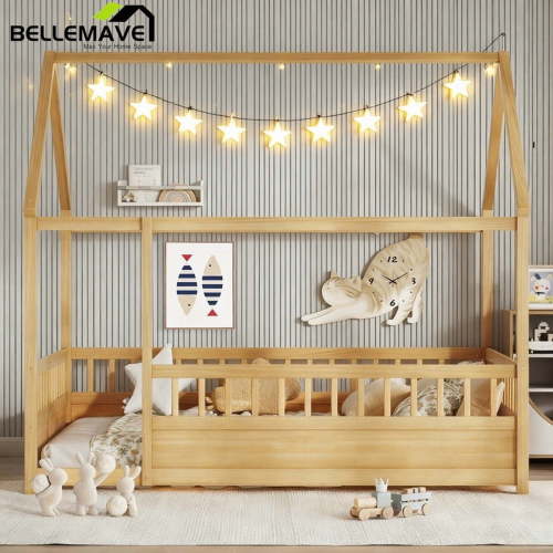 Bellemave Full Size Floor Bed, Wood Full House Bed with High Fence, Safe Playhouse Montessori Floor Bed, Natural